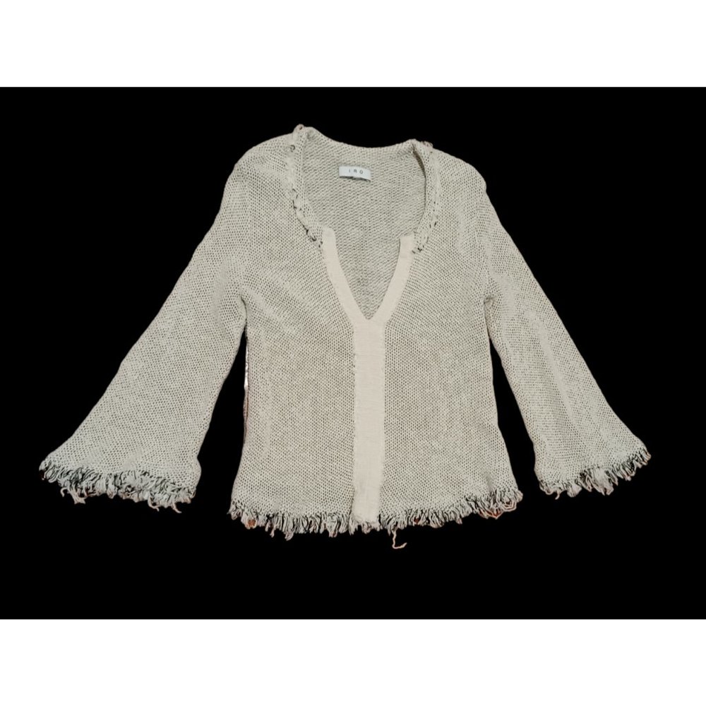 Iro Black Off White Size Small Bell Sleeves Knit Raw Hem Fringe Sweater